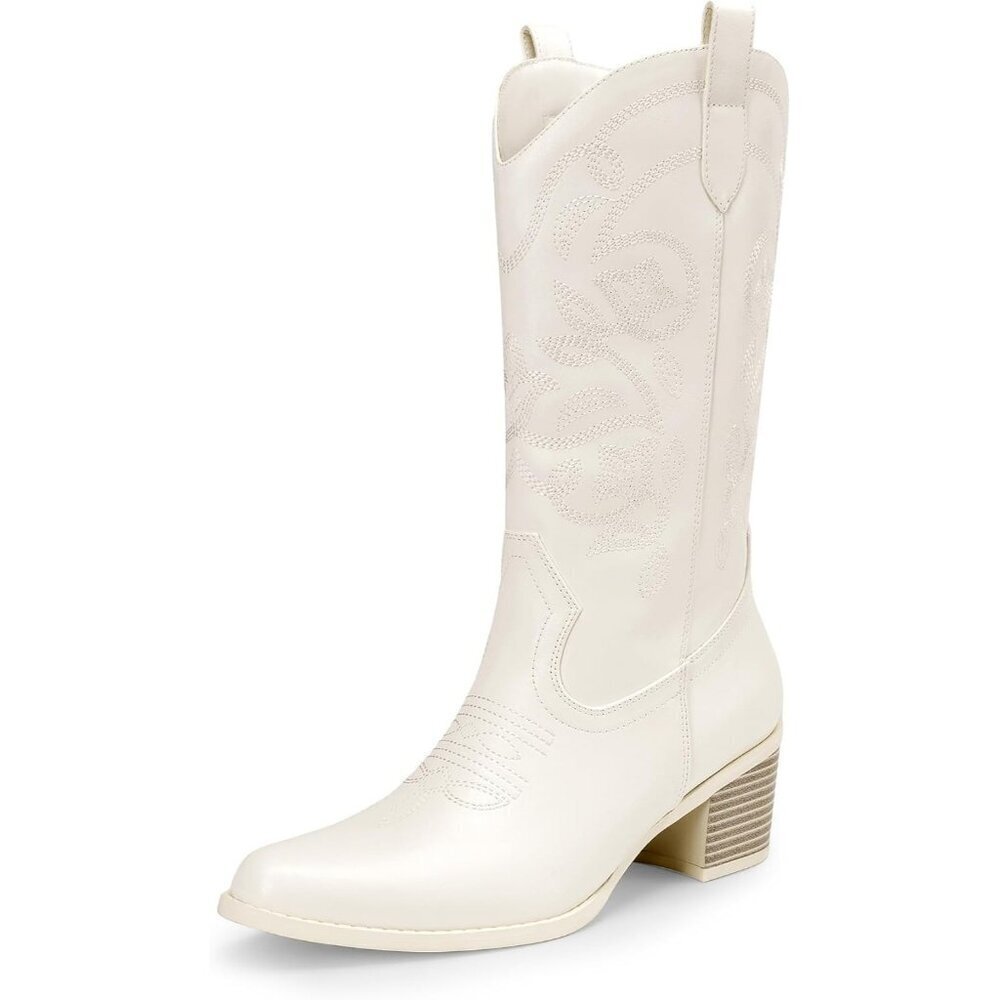 Women's White Cowboy Faux Leather Embroidery Stitched Chunky Heel Mid Calf Boots